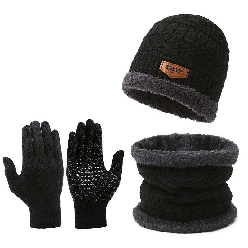 3PCS Hat Scarf Gloves Set Fleece Warm Knit Neck Warmer Wool Thermal Cap Outdoor