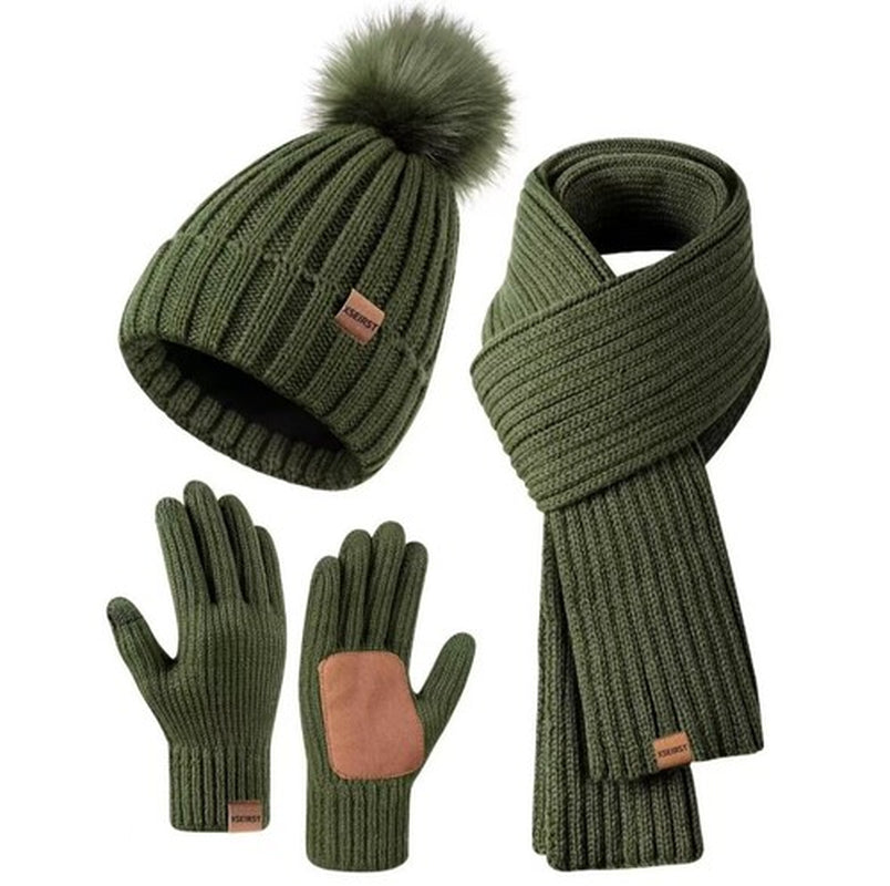 Hat Scarf and Gloves Set Ladies, Winter Beanie Hat for Women with Pom Pom Fleece