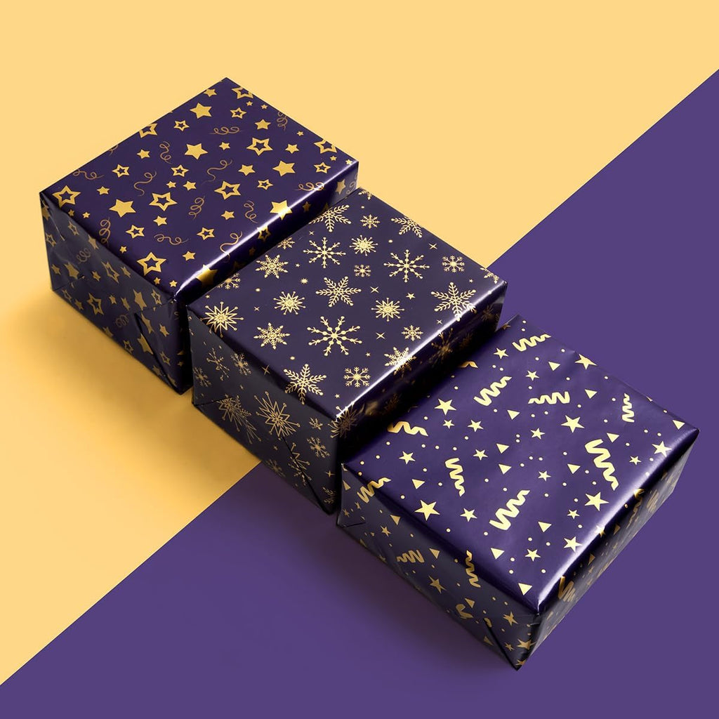 3 Rolls Blue Gold Gift Wrapping Paper, 43Cm*3M Wrapping Paper Print with Star and Snowflake for Christmas, Birthday, Festival Party Gift Decoration
