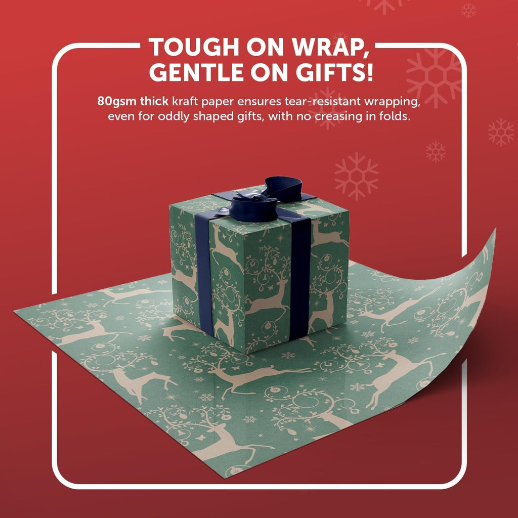 2 Pack Christmas Wrapping Paper Roll - Festive Designed Recyclable Kraft Paper, Perfect for Holiday Gifts, Arts & Crafts-Wrapping for a Merry Christmas (44.5Cm X 25M) (Reindeer)