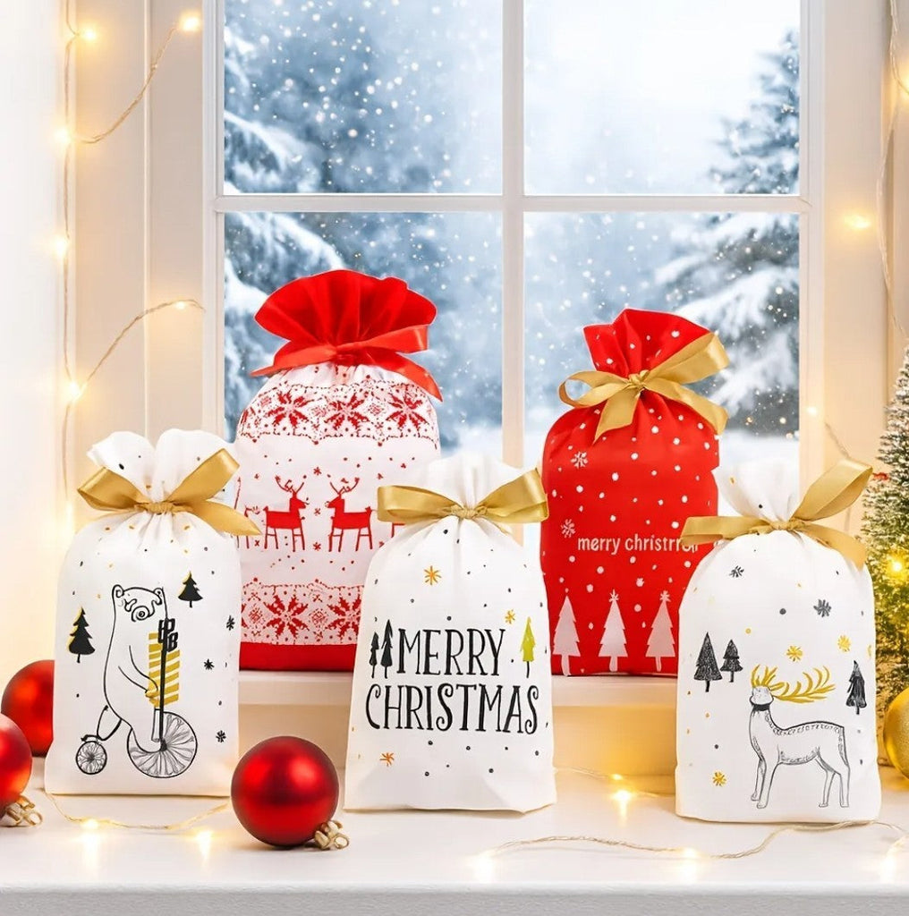 10X Christmas Gift Bag Candy Party Santa Sack Sweet Treat Drawstring Goody Bag