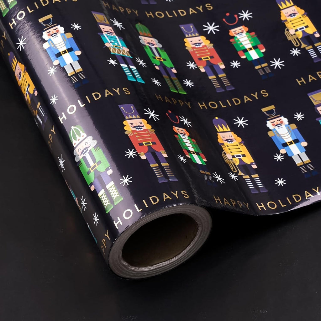 Reversible Nutcracker Christmas Wrapping Paper - Mini Roll - 43.2Cm X 10M - Foil Black Nutcracker Wrapping Paper for Christmas, Party Celebration