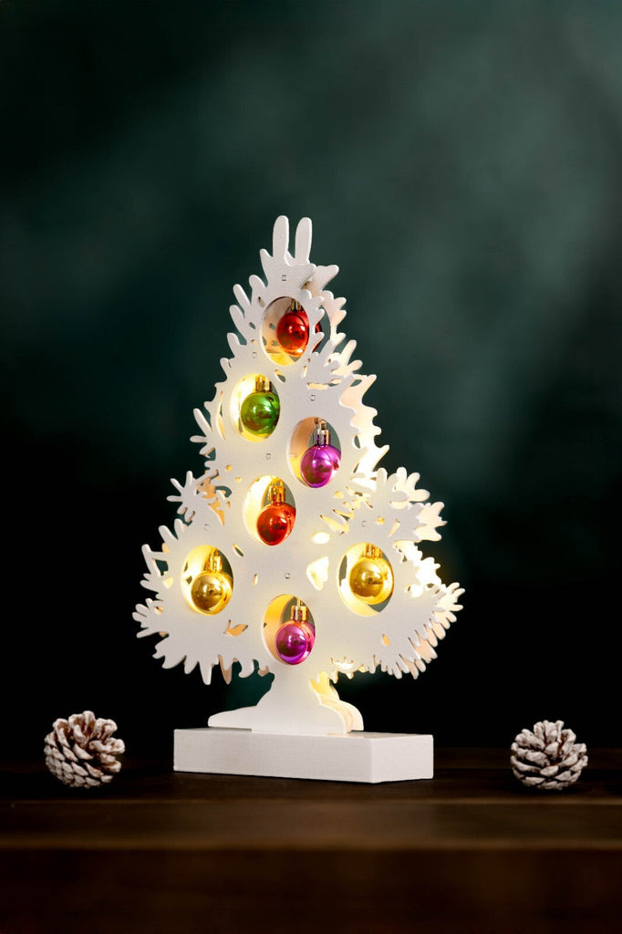 Christmas Tree Wooden Decoration with Baubles Light up Ornament White Small Xmas