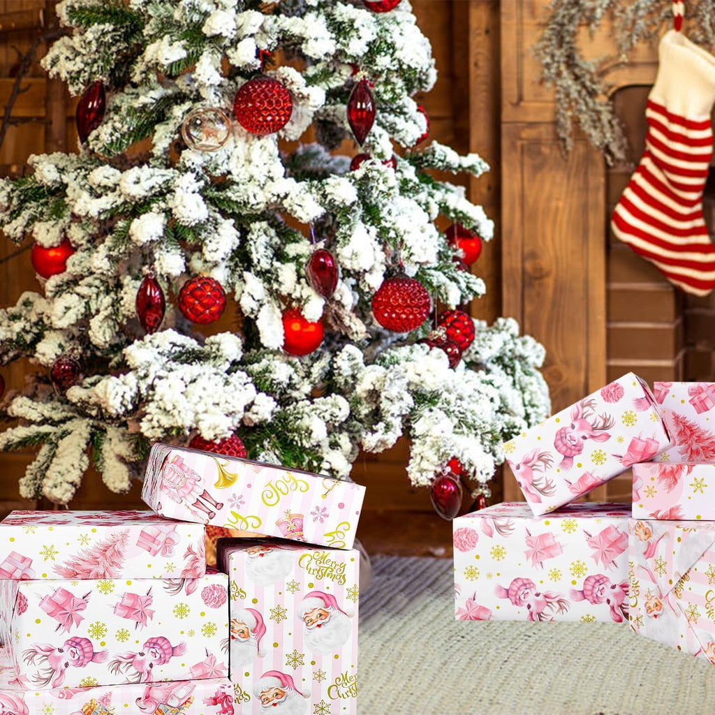 Pink Christmas Wrapping Paper - 5 X 3M Pink Xmas Wrapping Paper Rolls for Gift Boxes Festival Decoration, 43.2CM Wide, 15M