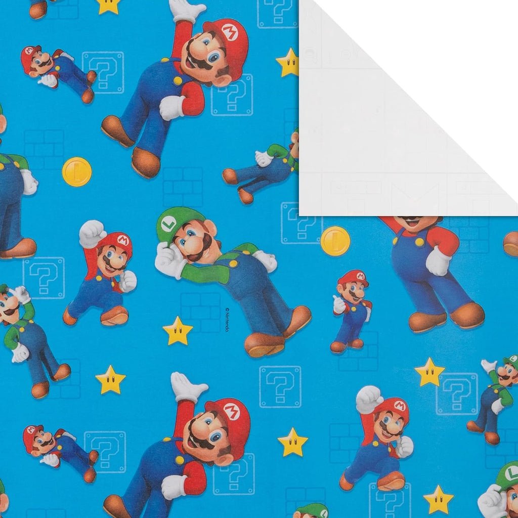 6M Wrapping Paper, Pack of 3, Super Mario Bros., Mario & Luigi, 2M Each, Birthday, Christmas, Blue