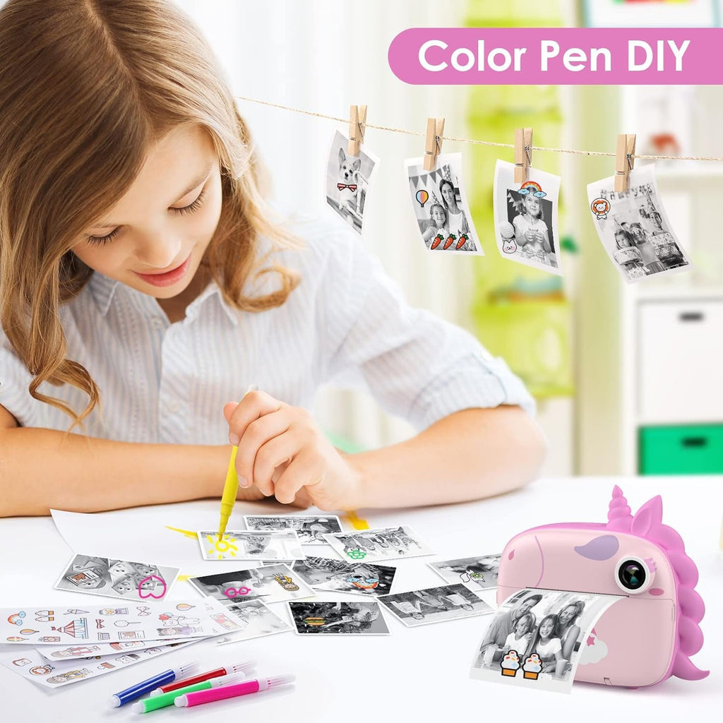 Kids Camera Instant Print, Digital Camera for Kids with No Ink Print Paper & 32G TF Card, Selfie Video Camera with Color Pens for DIY, Fun Gift for Girls Boys 3-14 Years Old (Pink)