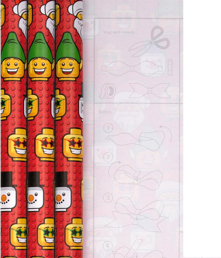 Wrapping Paper, Roll Wrap, Pack of 3, LEGO, LEGO Heads, Christmas, Santa, Snowman, Elf, Red, 4M Each