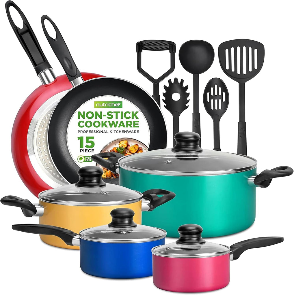 , 15 Piece Pots and Pans Set - Non-Stick Cookware Set, Induction Hob Cookware Set, Premium Cooking Set W/ Lids, Heat Resistant, Saucepot, Frying Pans, Oven Pot, Lids, Colorful