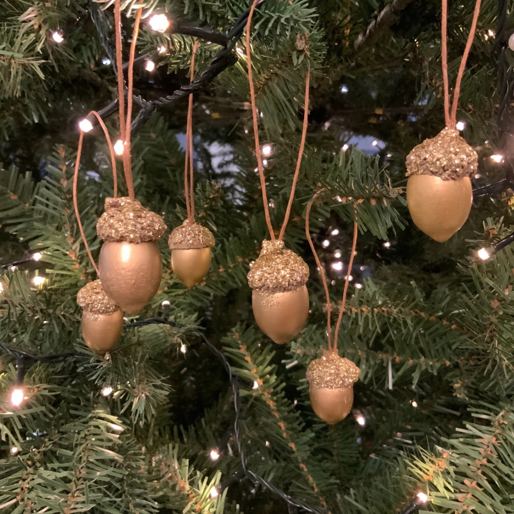 6 X Mini Acorn Hanging Decorations Christmas Gold Wood Gisela Graham Vintage