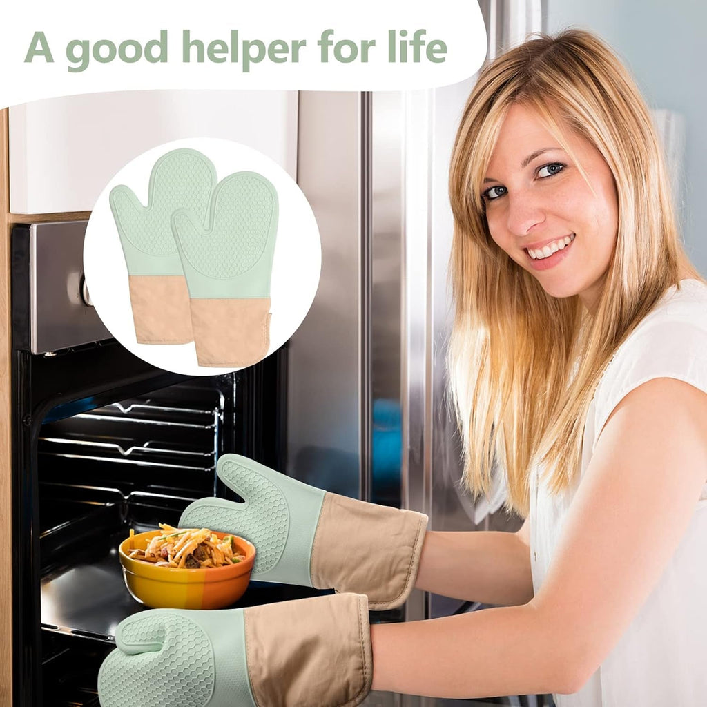 Set of Silicone Oven Gloves Heat Resistant, Pot Holder, Pot Mat, Silicone Oven Mitts Potholder Green Oven Glove Set for Home Kitchen Cooking, Baking, Grilling