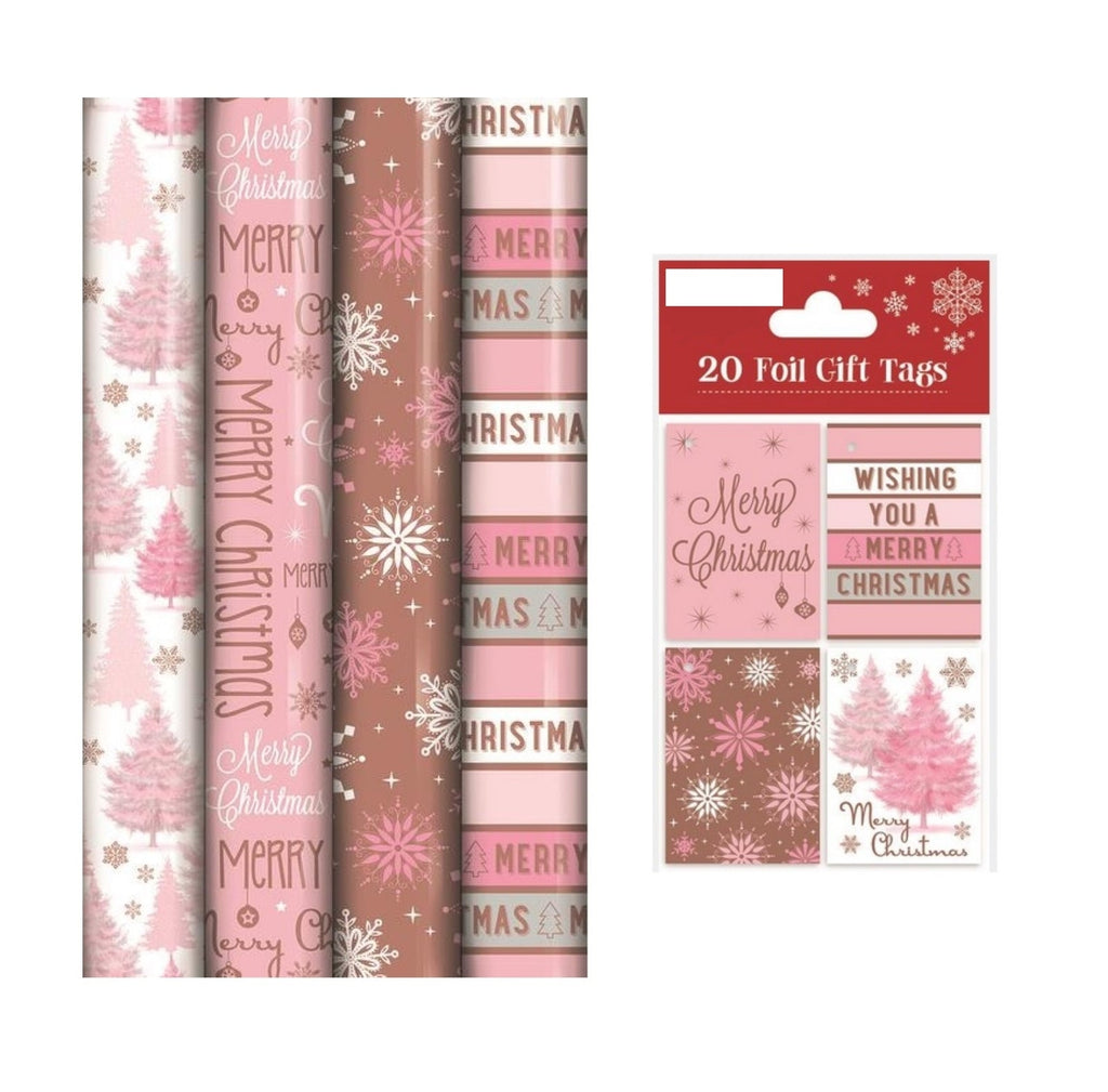 Christmas Gift Wrapping Paper Rose Gold Blush Pink 4 X 8M Rolls + 20 Gift Tags