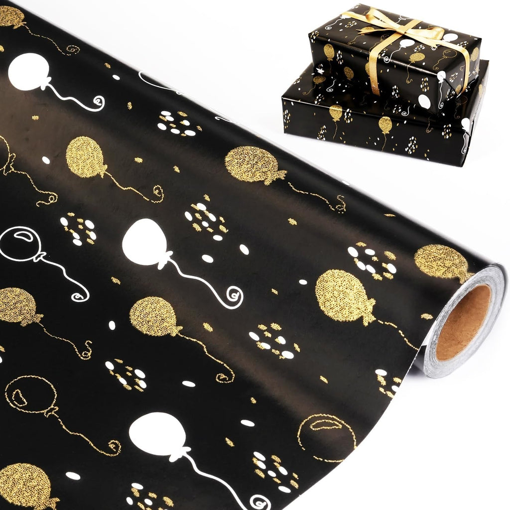 Black Birthday Wrapping Paper Roll - Metallic Dots and Balloon Design, 43Cm X 10M Black Gold Wrapping Paper for Women Men, Luxury Gift Wrap Paper for Birthday Christmas Wedding Baby Shower Party