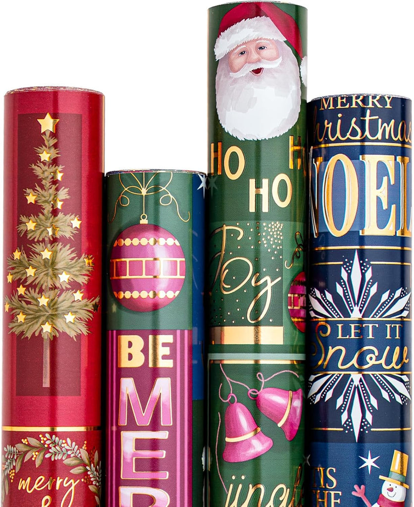 Christmas Wrapping Paper - Santa Claus, Snowman, Christmas Tree and Bell Design - 4 Rolls - 43.5X305 Cm per Roll