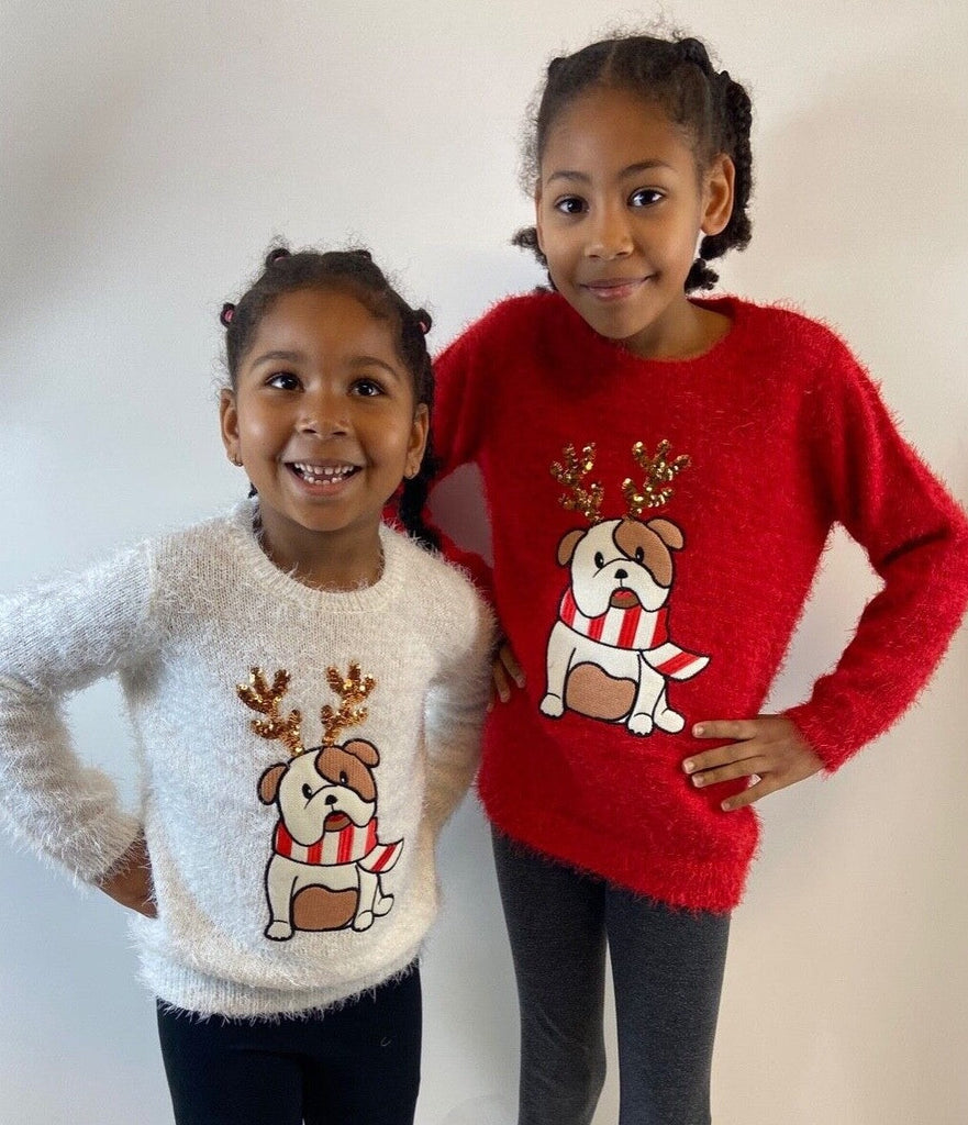Christmas Jumper Kids Girls Bull Dog Xmas Knit Sweater Pullover Red 3-12 YRS