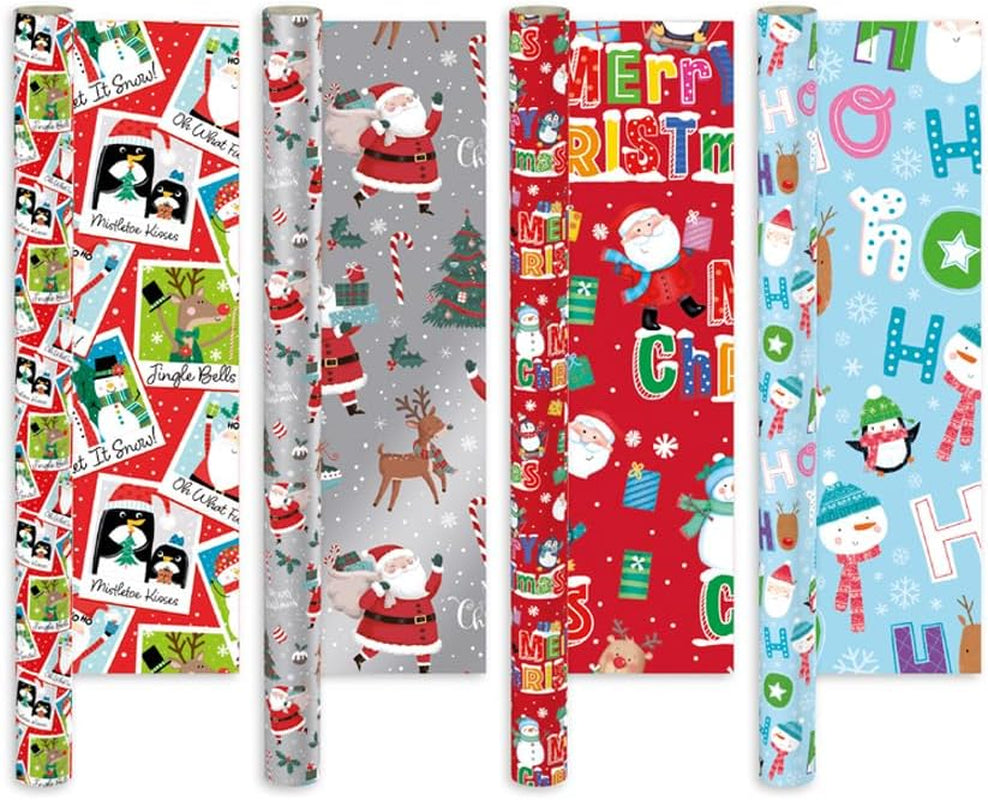 Pack of 4 X 4M Cute Christmas Character Gift Wrapping Paper Roll -Perfect for Christmas, Birthday, Festival, Party or Wedding Gift and Festive Decoration