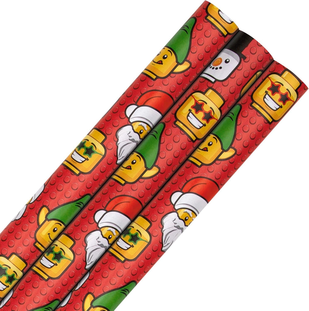 Wrapping Paper, Roll Wrap, Pack of 3, LEGO, LEGO Heads, Christmas, Santa, Snowman, Elf, Red, 4M Each