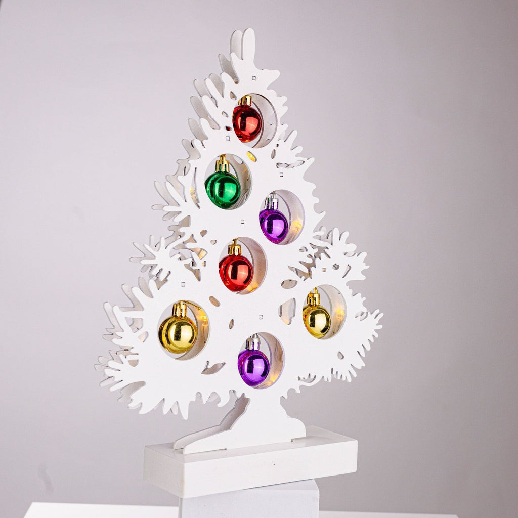 Christmas Tree Wooden Decoration with Baubles Light up Ornament White Small Xmas