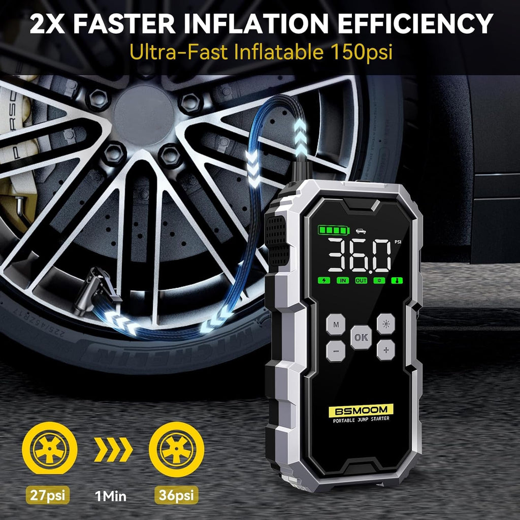6000A Jump Starter Power Pack with Air Compressor 150Psi,12-Volt Power Bank(All Gas/10L Diesel),Car Starter Power Pack with Jump Leads, 3 Light, LCD Display