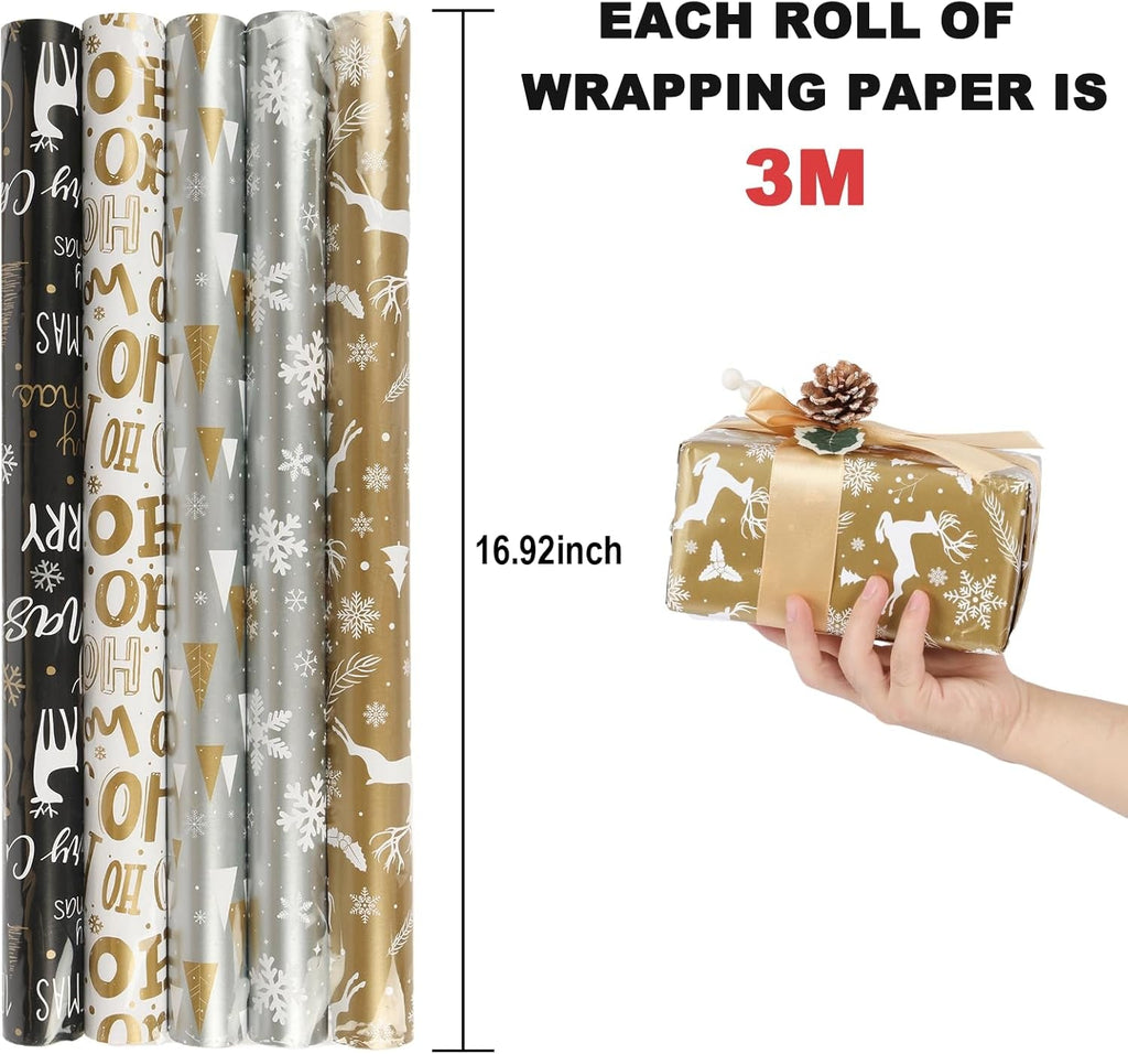 Christmas Wrapping Paper - 5X 3M Roll Metallic Foil for Gift Boxes and Decoration (43 X 15M) (Gold)
