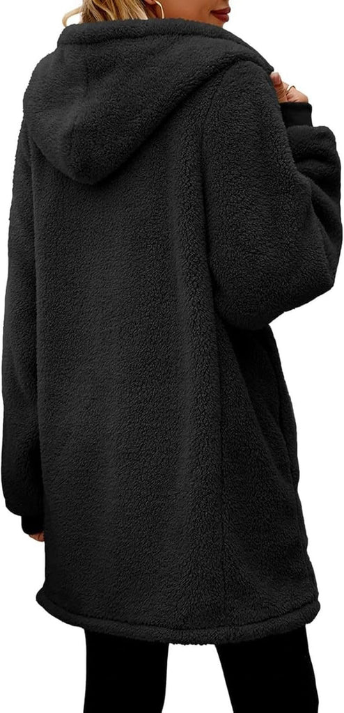 Womens Plain Hoodie Winter Warm Sherpa Lined Zip up Hooded Sweatshirt Jacket Coat Cosy Soft Fleece Blanket with Pocket