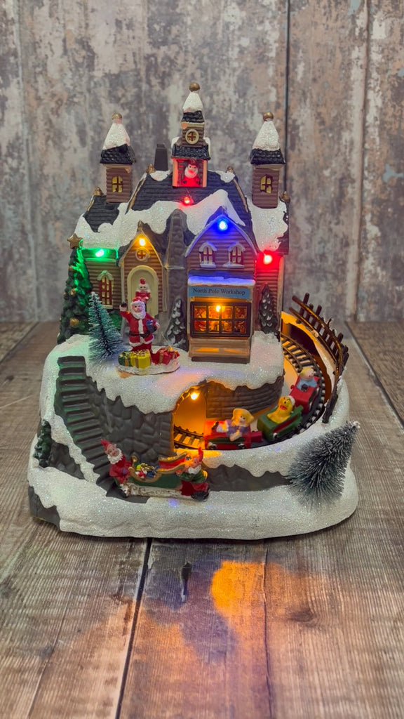 Christmas Village Scene Decoration Ornament with LED Lights Moving Train & Sound