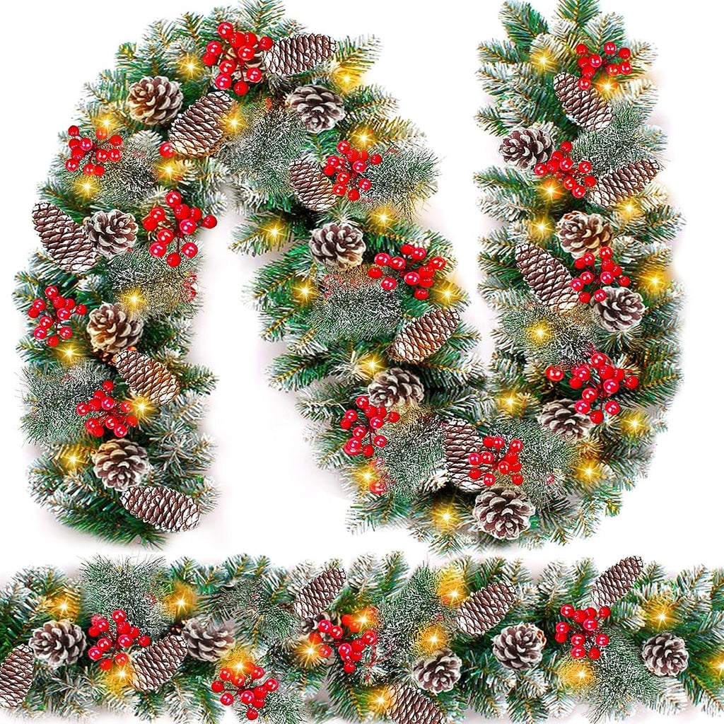 9Ft Christmas Garland Snow Flocked with Lights Pinecones Berries Wreath Bushy