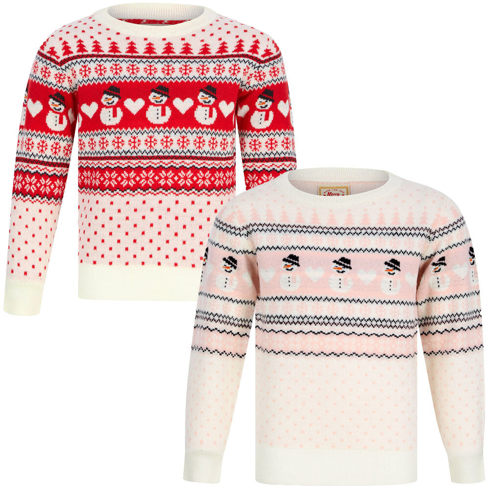 Kids Girls Christmas Jumper Snowman Jacquard Nordic Fairisle Xmas Sweater