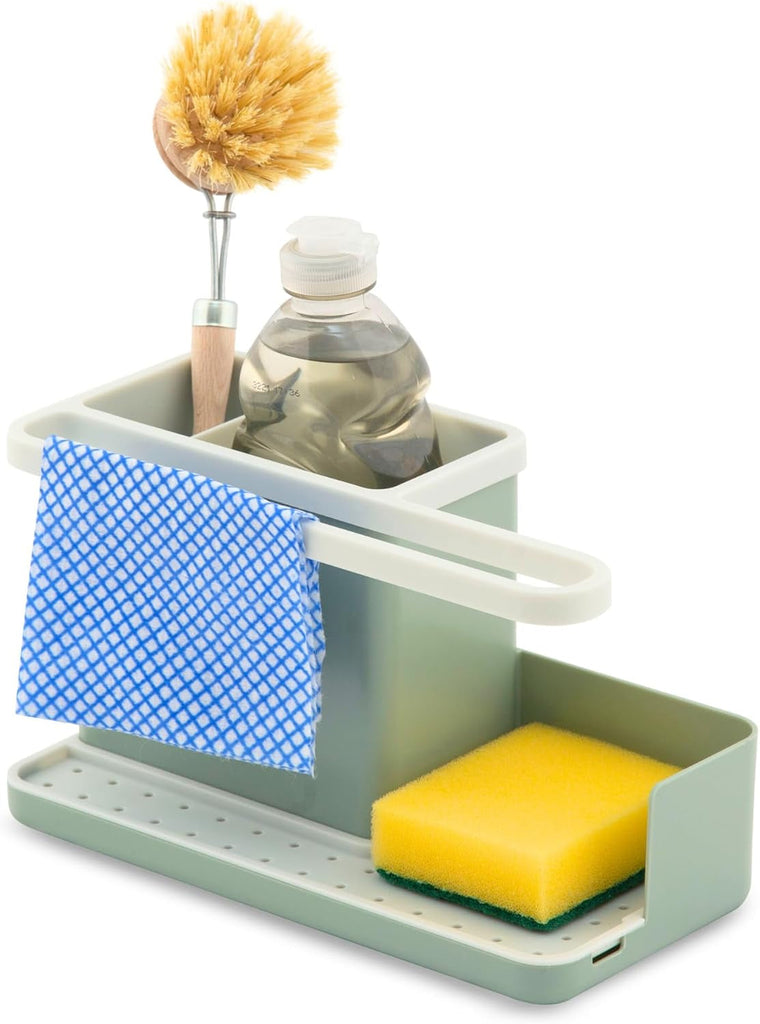 – Sink Tidy/Caddy – Kitchen Sink Organiser – Removable Drip Tray – Non-Slip - Sage Green & White
