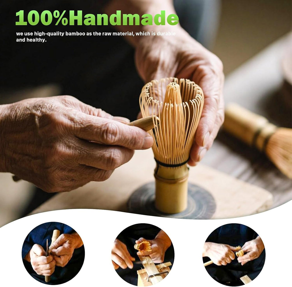 Matcha Kit, 7 Pcs Matcha Set - Ceramic Matcha Bowl & 100% Handmade Bamboo Matcha Whisk with Whisk Holder, Bamboo Scoop, Rest, Matcha Sifter & Tea Towel - Complete Matcha Whisk Set
