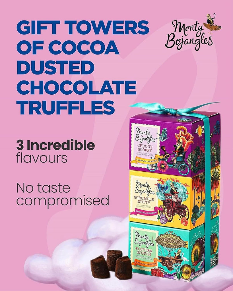 Cocoa Dusted Truffles Gift Tower (3 X 100G Pack)- 3 Luxury Chocolate Truffle Boxes - Choccy Scoffy, Scrumple Nutty & Flutter Scotch- the Perfect Chocolate Gift Box Selection