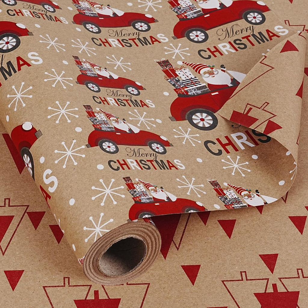Reversible Christmas Wrapping Paper Roll, Red and White Brown Kraft Wrapping Paper Roll, Christmas Tree Car Santa Design Gift Wrapping Paper for Xmas Holiday Party, 43CM X 10M