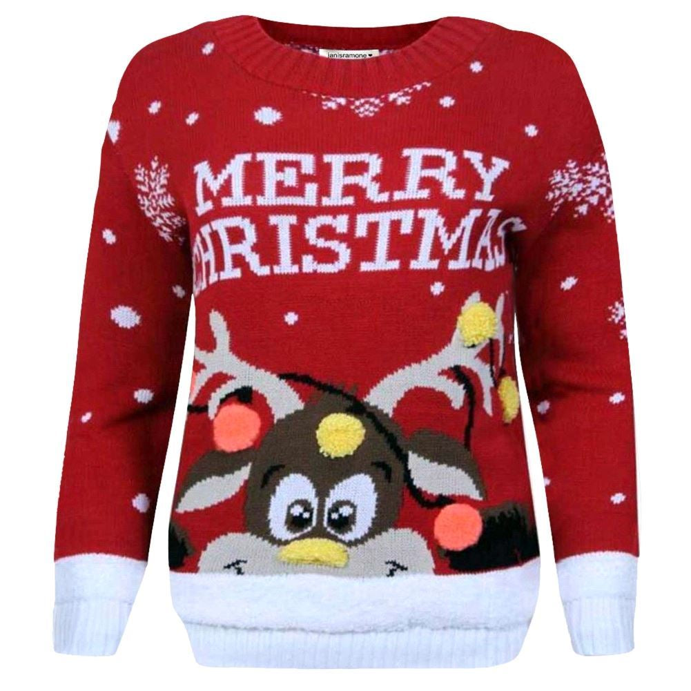 Kids 3D Pom Pom Rudolph Christmas Jumper Girls Boys Knitted Merry Xmas Sweater