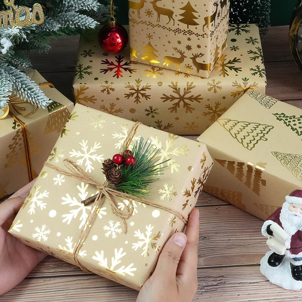 Christmas Wrapping Paper Rolls, Metallic Gold Foil - Brown Kraft Xmas Wrapping Paper Rolls, Gift Wrapping Paper for Women Men, Wrapping Paper for Christmas New Year Winter, 3 Rolls, 43Cm X 3M per Roll