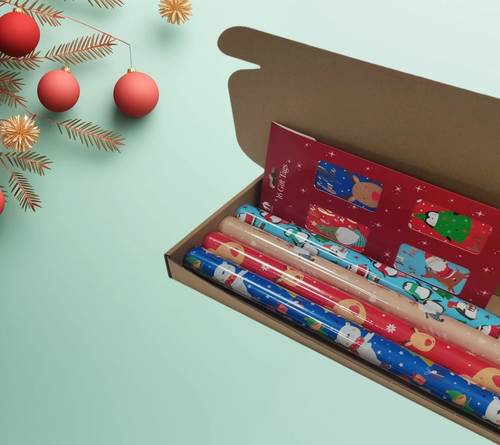 4 X 4M Cute Christmas Wrapping Paper Rolls Kids Xmas Gift Wrap & 16 Gift Tags