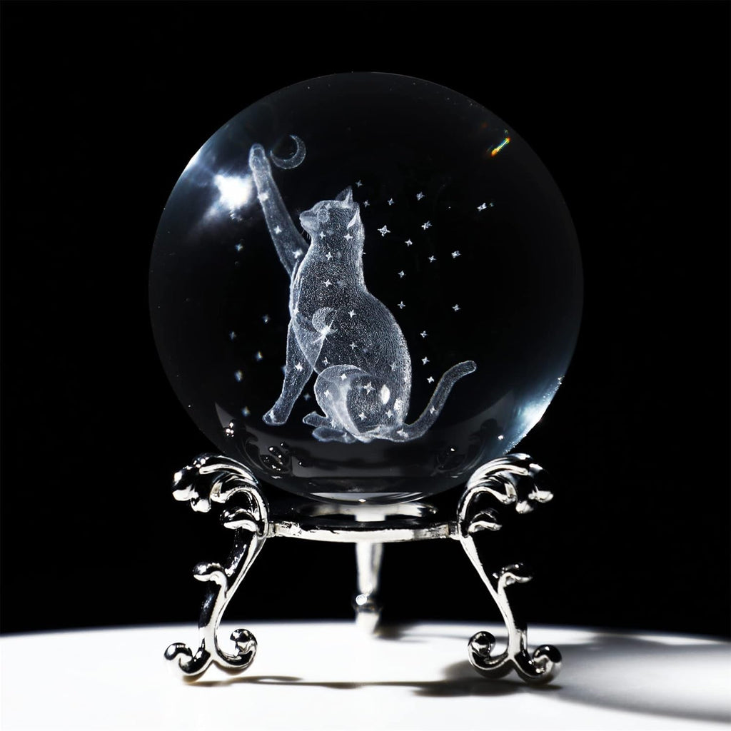 60Mm 3D Cat Crystal Ball Figurine Glass Laser Engraved Cat Moon Star Crystal Ball with Stand Glass Sphere Paperweights Cat Gifts for Cat Lovers Women