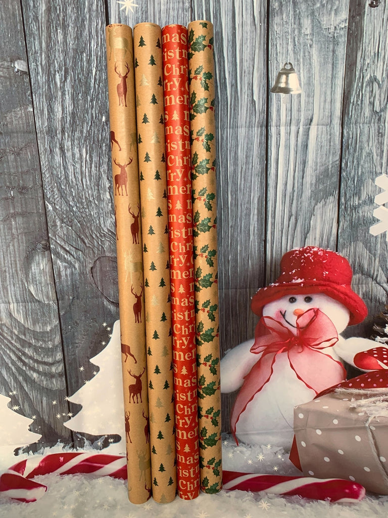 Kraft Brown Eco Christmas Gift Wrapping Paper 4 X 4M Rolls + Tags Stag Tree Holy