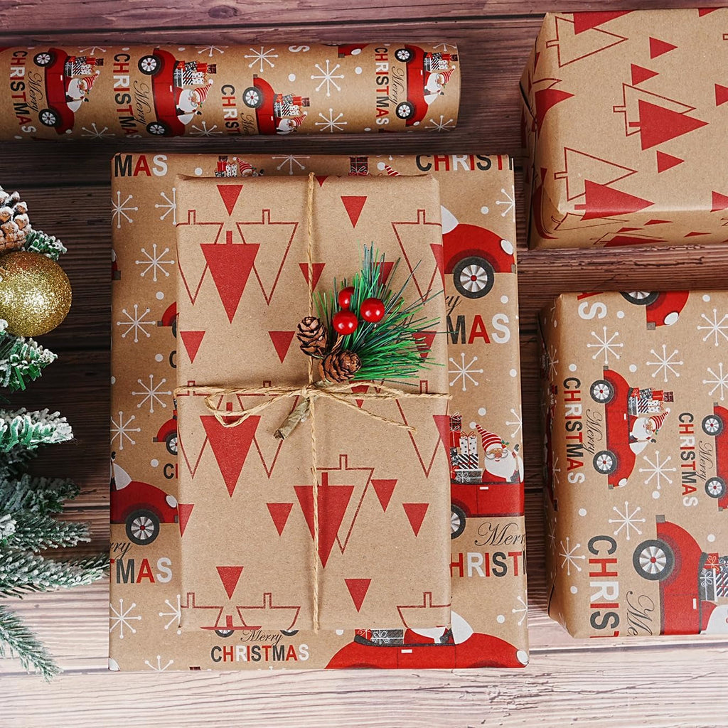 Reversible Christmas Wrapping Paper Roll, Red and White Brown Kraft Wrapping Paper Roll, Christmas Tree Car Santa Design Gift Wrapping Paper for Xmas Holiday Party, 43CM X 10M