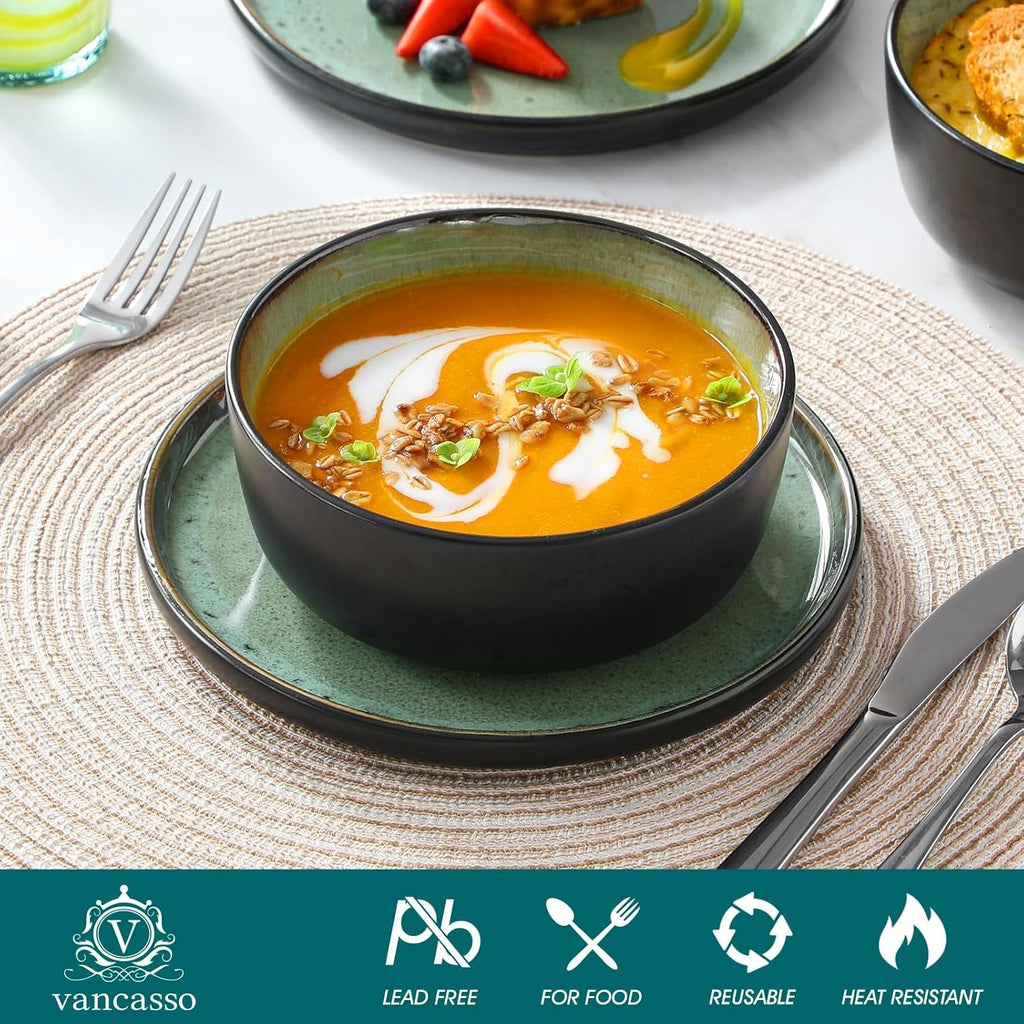 Amber 18 Pieces Dinner Set for 6, Reactive Glaze Stoneware Plates and Bowls Set, Green Crockery Set with Dinner Plates, Dessert Plates & Cereal Bowls, Microwave & Dishwasher Safe