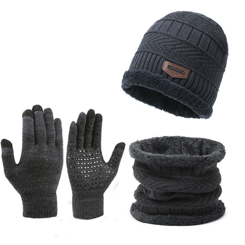 3PCS Hat Scarf Gloves Set Fleece Warm Knit Neck Warmer Wool Thermal Cap Outdoor