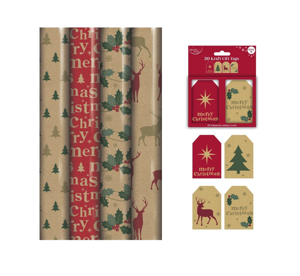 Kraft Brown Eco Christmas Gift Wrapping Paper 4 X 4M Rolls + Tags Stag Tree Holy