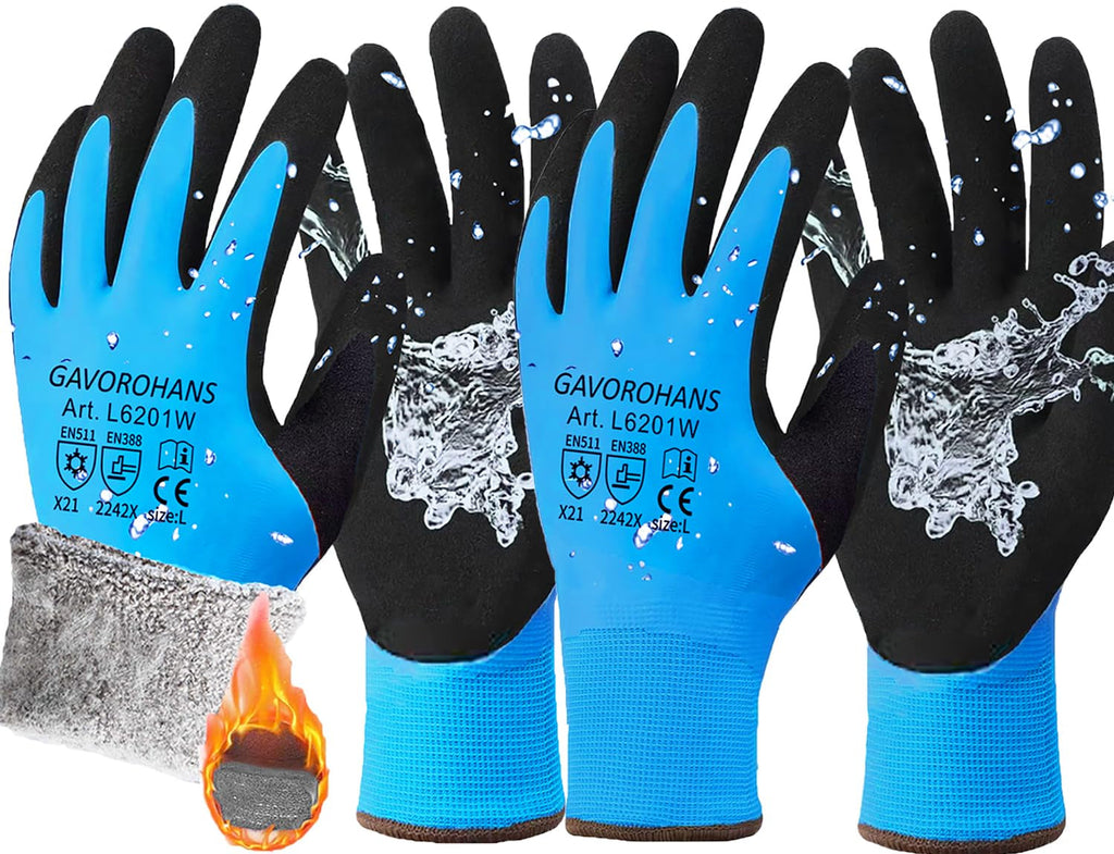 2 Pairs Waterproof Thermal Winter Work Gloves Polar Fleece Liner Superior Grip Double Latex Coating for Garden Logistics Warehousing in Cold Weather Outdoor Activities