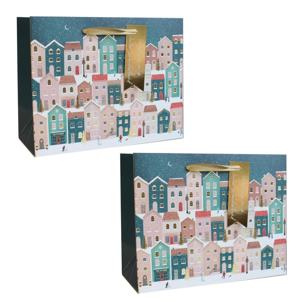 Christmas Gift Bag Set of 2 with Gift Tag - 18Cm X 23Cm X 10Cm - Houses