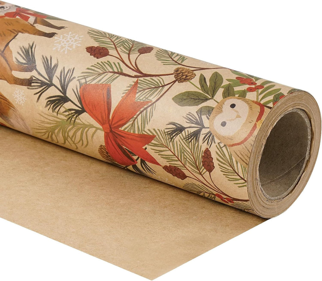 Christmas Wrapping Paper Roll for Boys Girls, Mini Roll, Woodland Animal Design with Fox, Reindeer, Owl and Bunny, Kraft Gift Wrap for Christmas, Winter Party, 43.2Cm X 5M