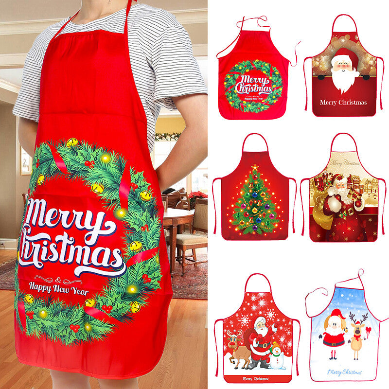Women Men Christmas Print Apron Kitchen Restaurant Cooking Work Bib Apron Party