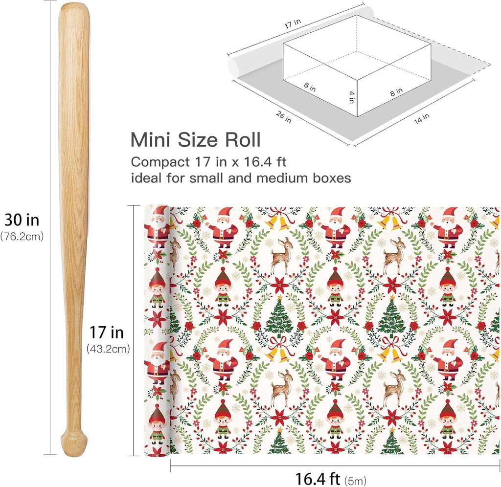 Christmas Wrapping Paper Roll for Boys Girls, Mini Roll, Santa Claus, Reindeer, Reindeer and Wreath Design, Classic Gift Wrap Paper for Party, 43.2Cm X 5M