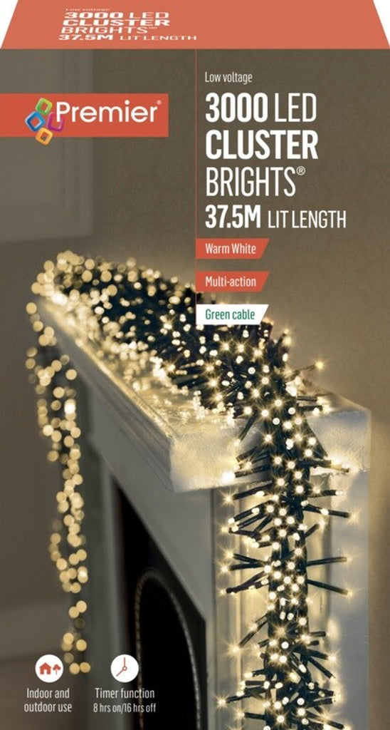 Premier 3000 LED Cluster Indoor Outdoor Christmas Tree Lights Timer - WARM WHITE