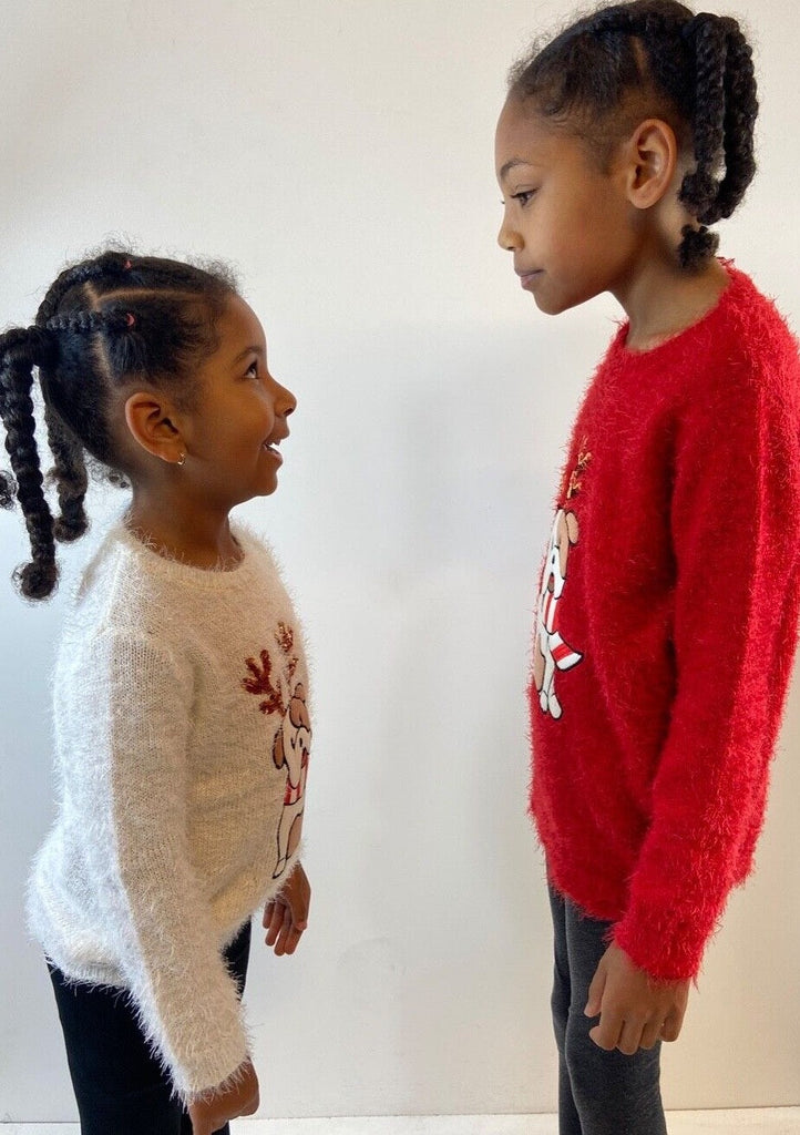 Christmas Jumper Kids Girls Bull Dog Xmas Knit Sweater Pullover Red 3-12 YRS