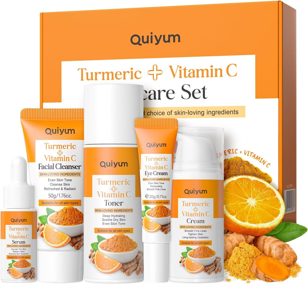 Turmeric Vitamin C Skincare Set, Face Skin Care Sets & Kits Facial Cleanser,Toner,Serum,Eye Cream,Face Cream, Pamper Gift Set for Women Teenage Girls Mom Birthday, Travel Kit for All Skin Types