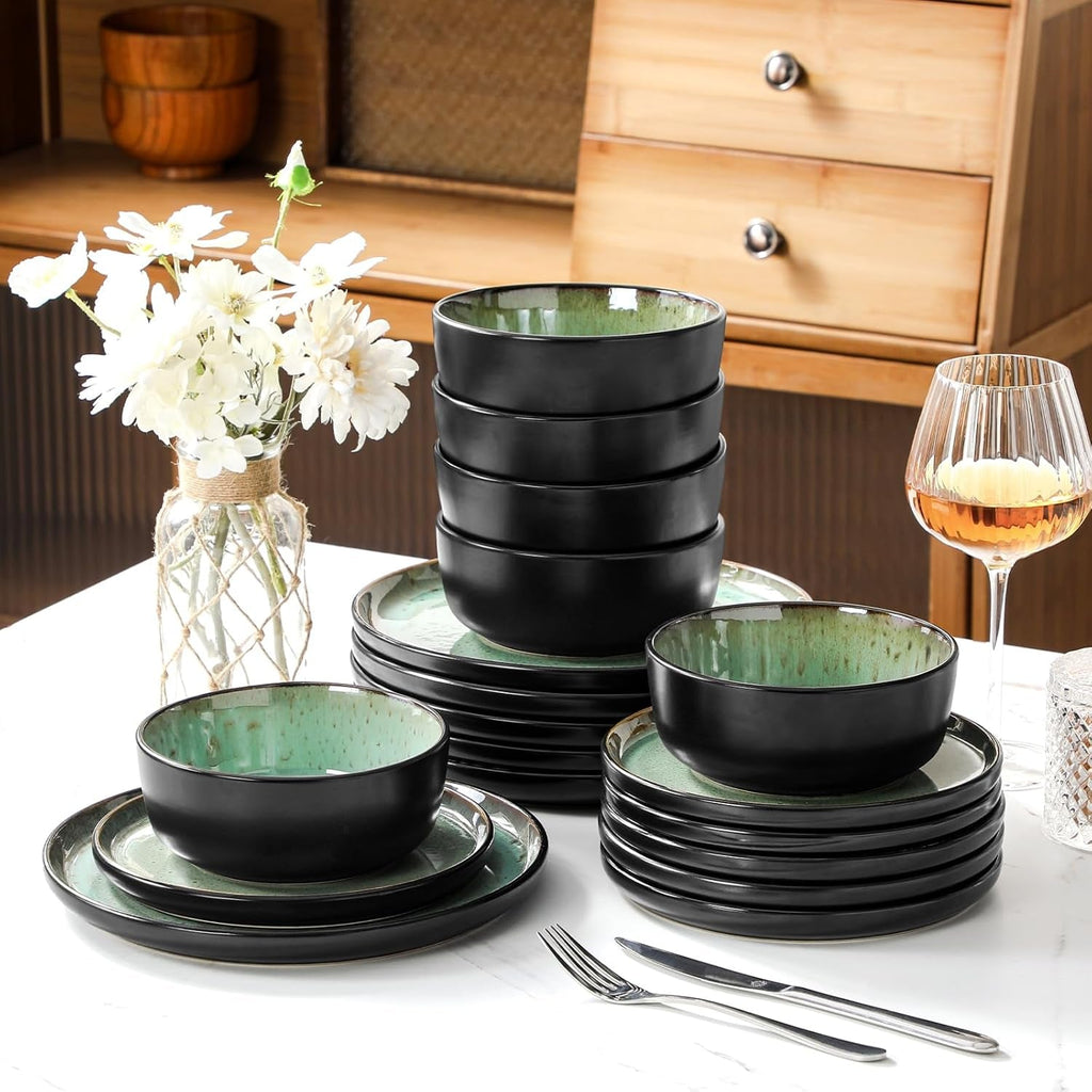 Amber 18 Pieces Dinner Set for 6, Reactive Glaze Stoneware Plates and Bowls Set, Green Crockery Set with Dinner Plates, Dessert Plates & Cereal Bowls, Microwave & Dishwasher Safe