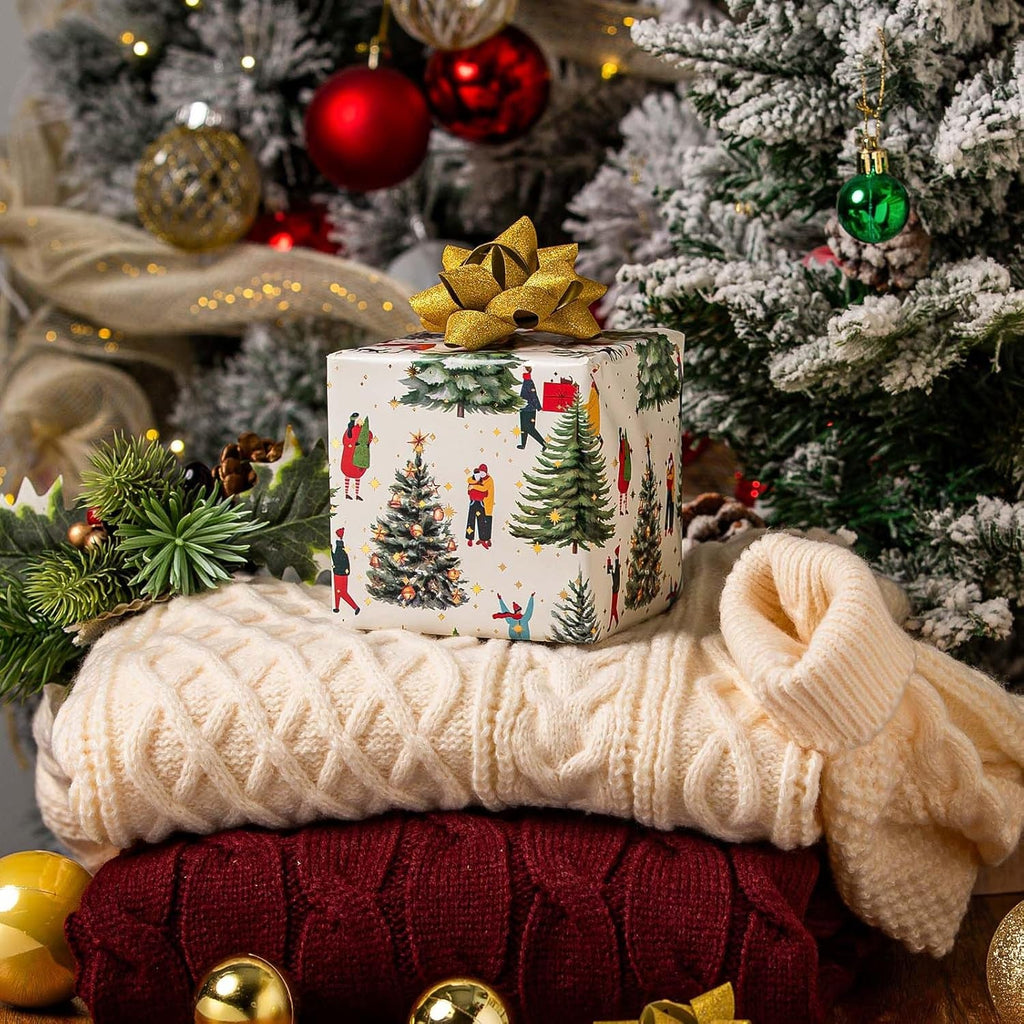 Christmas Wrapping Paper, 43Cm X 10M Christmas Tree and Lovers Gift Wrap Roll for Holiday, Winter, Party Celebration, DIY Crafts